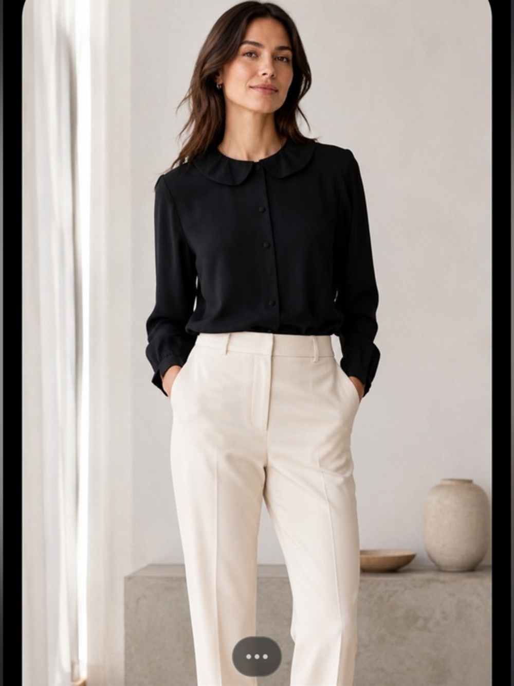 Vintage Oscar de la Renta Black Button Down Blouse Peter Pan collar